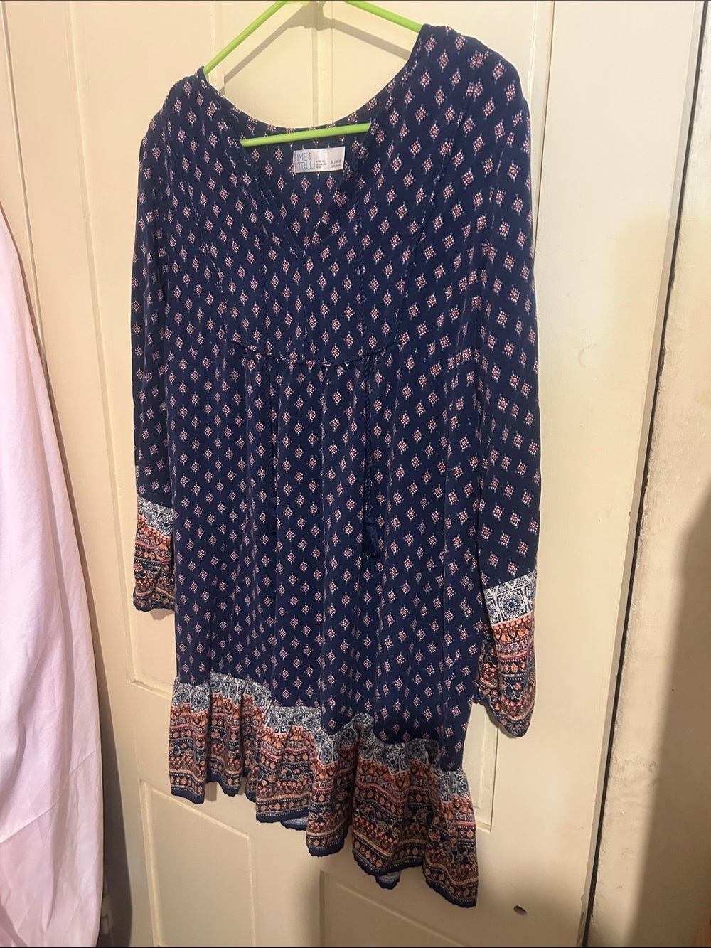 Time and Tru Navy Geometric Print Long Sleeve Tiered Dress